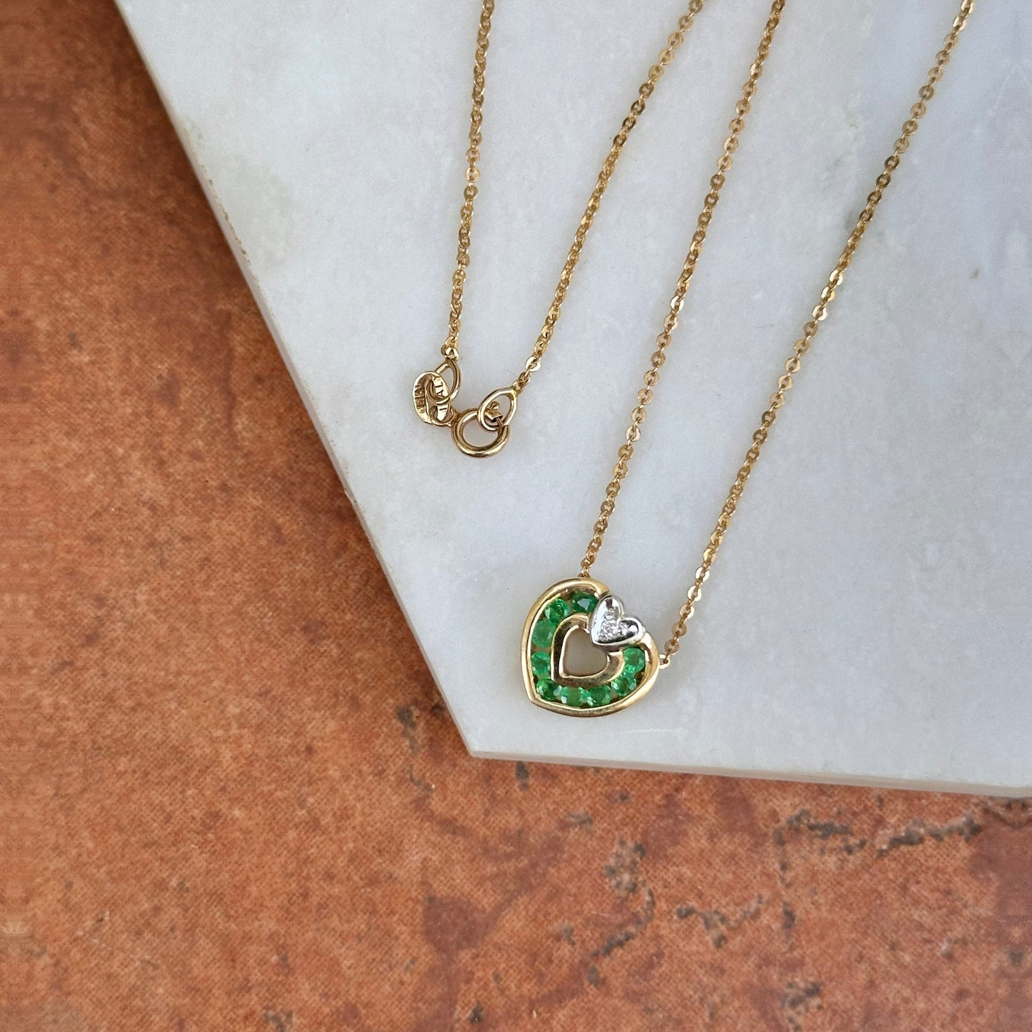 Estate 14KT Yellow Gold Emerald + Diamond Heart Necklace