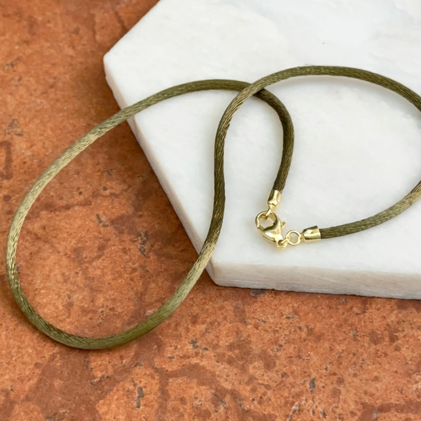 14KT Yellow Gold 2.8mm Olive Green Silk Cord Necklace