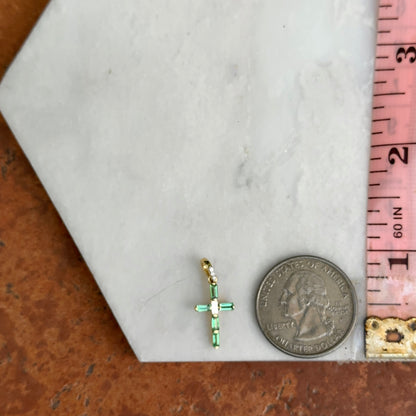 14KT Yellow Gold Baguette Emerald + Diamond Cross Pendant