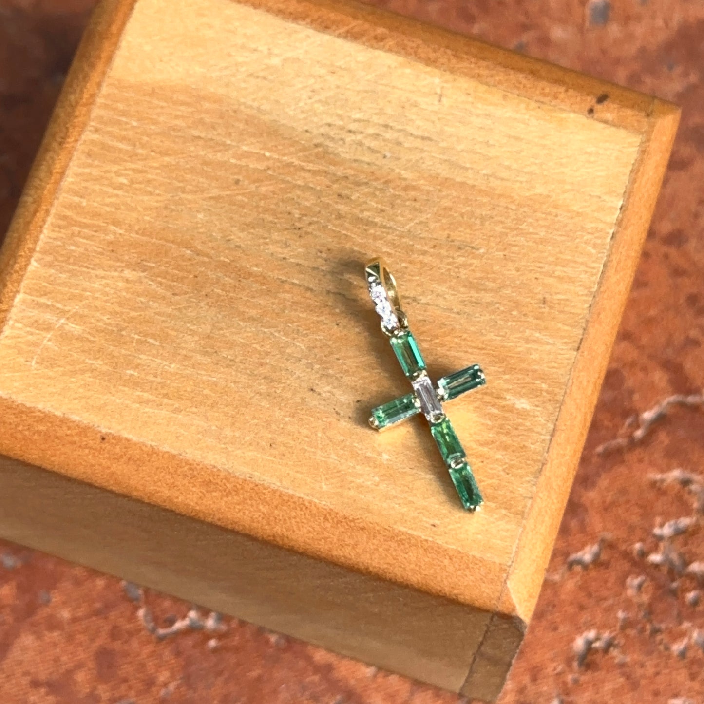 14KT Yellow Gold Baguette Emerald + Diamond Cross Pendant