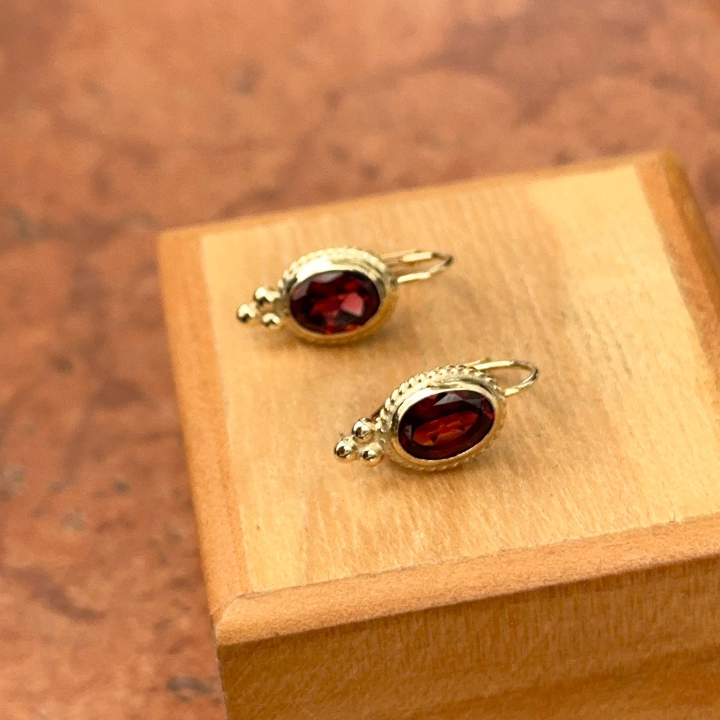 14KT Yellow Gold Oval Garnet Gemstone Detailed Frame Earrings