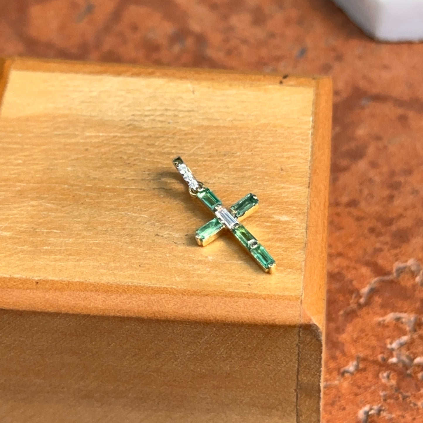 14KT Yellow Gold Baguette Emerald + Diamond Cross Pendant
