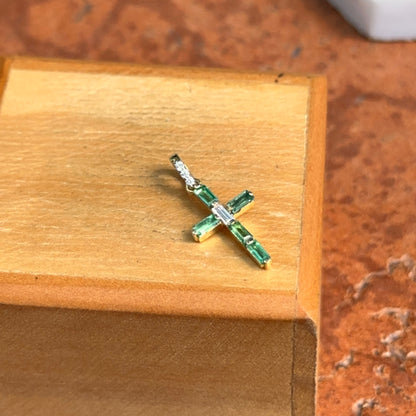 14KT Yellow Gold Baguette Emerald + Diamond Cross Pendant