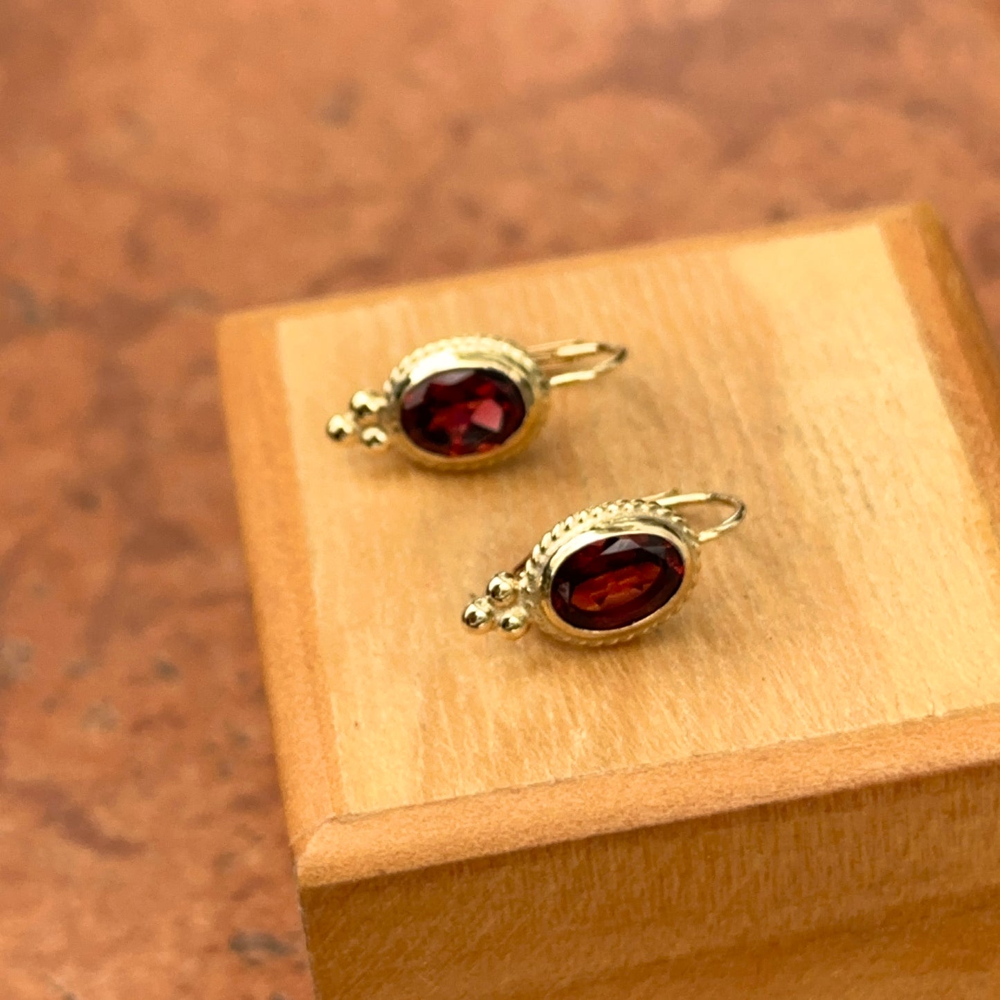 14KT Yellow Gold Oval Garnet Gemstone Detailed Frame Earrings