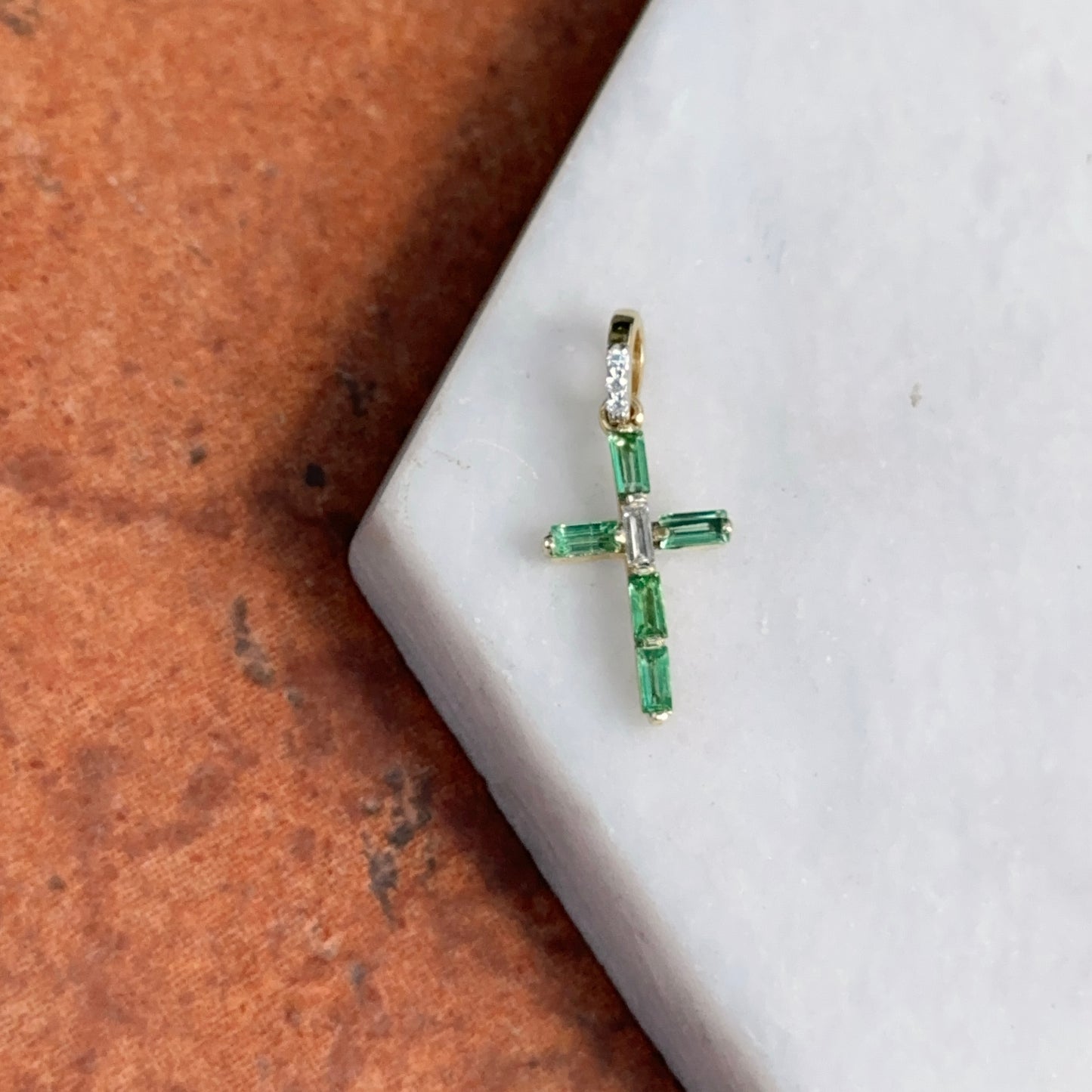 14KT Yellow Gold Baguette Emerald + Diamond Cross Pendant