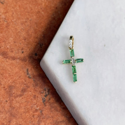 14KT Yellow Gold Baguette Emerald + Diamond Cross Pendant
