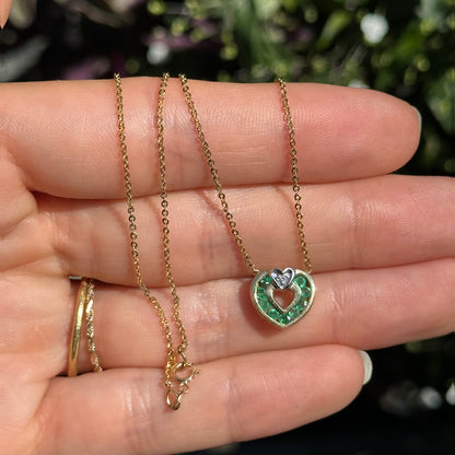 Estate 14KT Yellow Gold Emerald + Diamond Heart Necklace