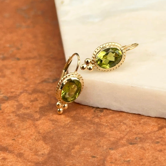 14KT Yellow Gold Oval Peridot Detailed Frame Lever Back Earrings