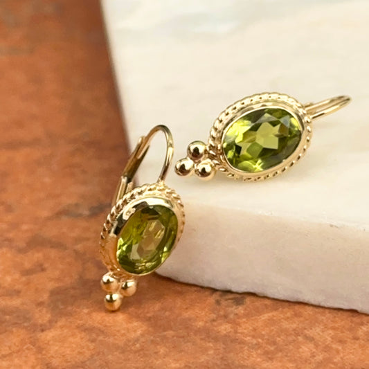 14KT Yellow Gold Oval Peridot Detailed Frame Lever Back Earrings