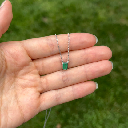 Estate 14KT White Gold Emerald-Cut Emerald Bezel Set Solitaire Necklace