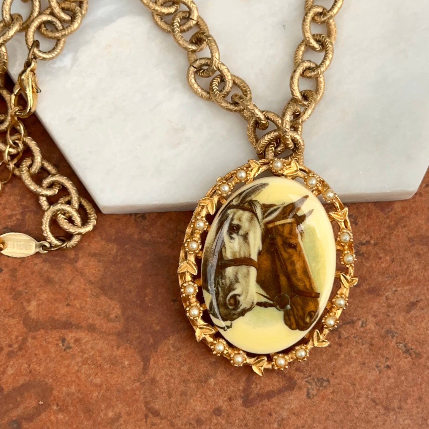 Vintage Enamel Horse Necklace Gold-Filled Seed Pearl Cable Link