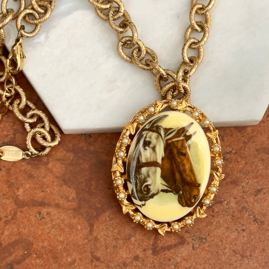 Vintage Enamel Horse Necklace Gold-Filled Seed Pearl Cable Link