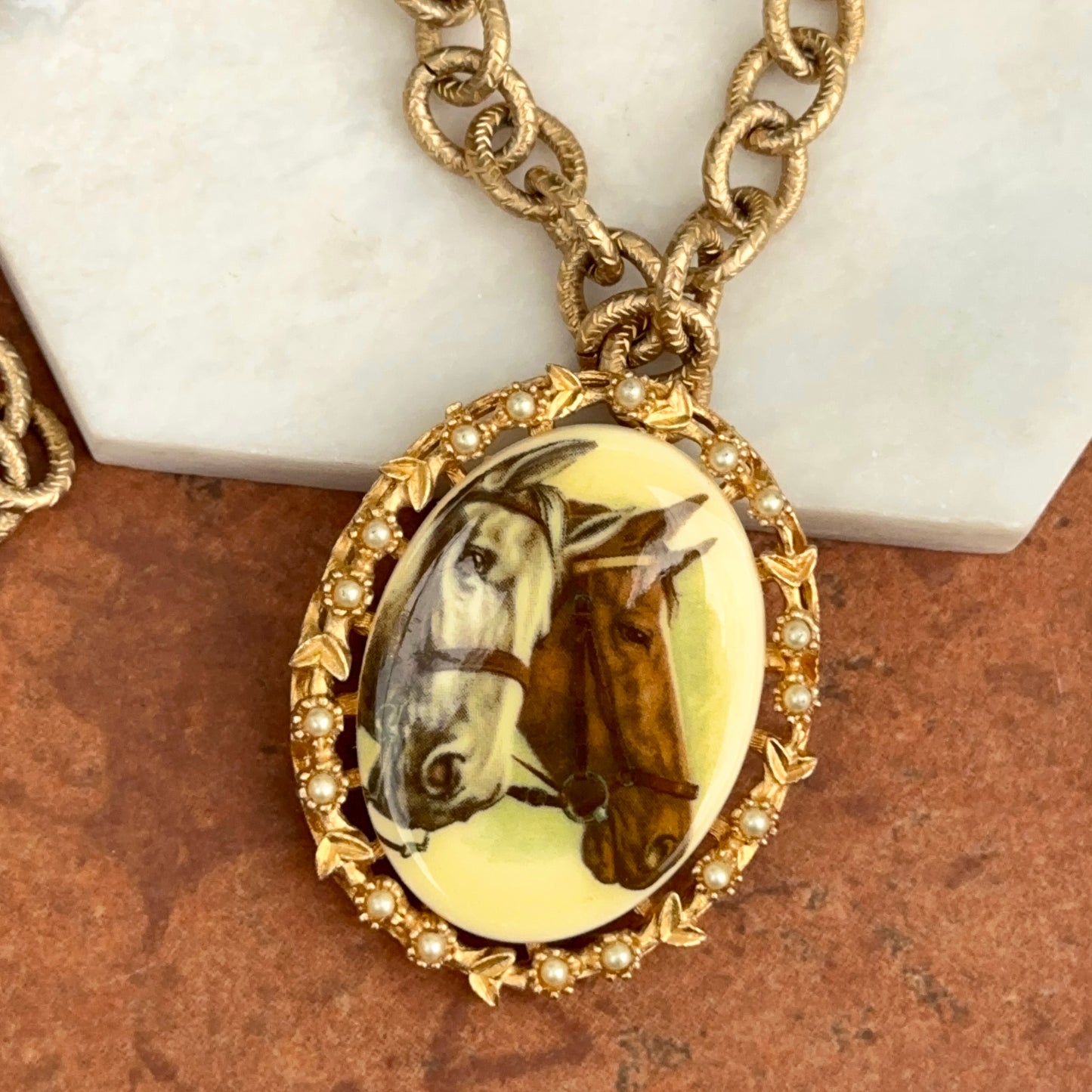 Vintage Enamel Horse Necklace Gold-Filled Seed Pearl Cable Link