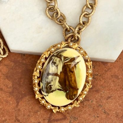 Vintage Enamel Horse Necklace Gold-Filled Seed Pearl Cable Link