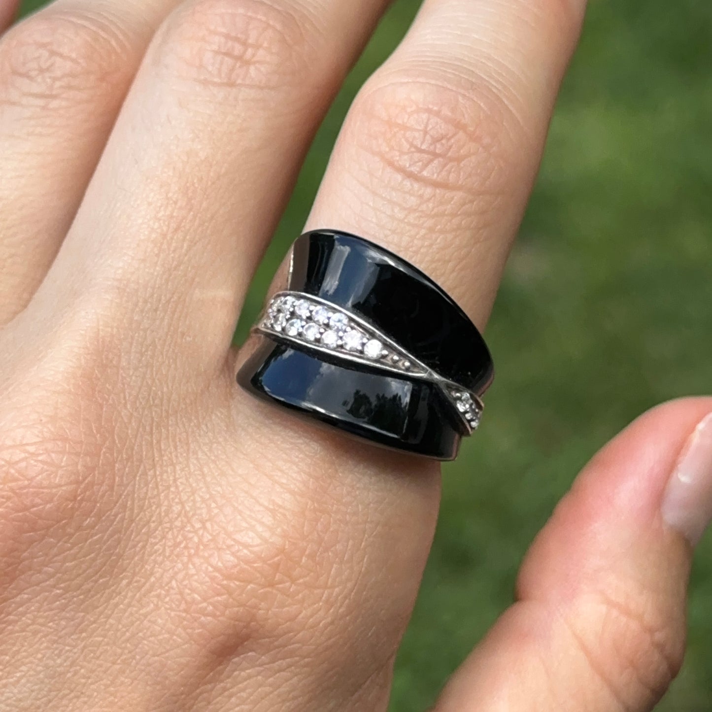 Estate Sterling Silver Unique Cut Onyx + Round Cubic Zirconia Ring
