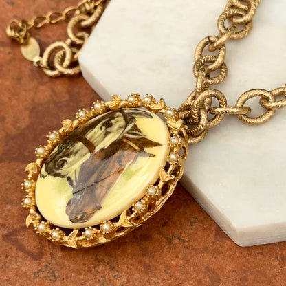 Vintage Enamel Horse Necklace Gold-Filled Seed Pearl Cable Link