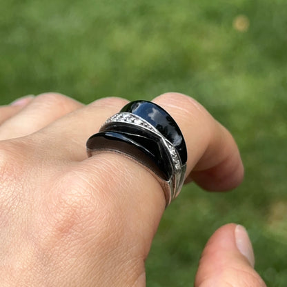 Estate Sterling Silver Unique Cut Onyx + Round Cubic Zirconia Ring