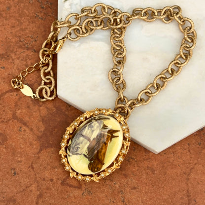 Vintage Enamel Horse Necklace Gold-Filled Seed Pearl Cable Link
