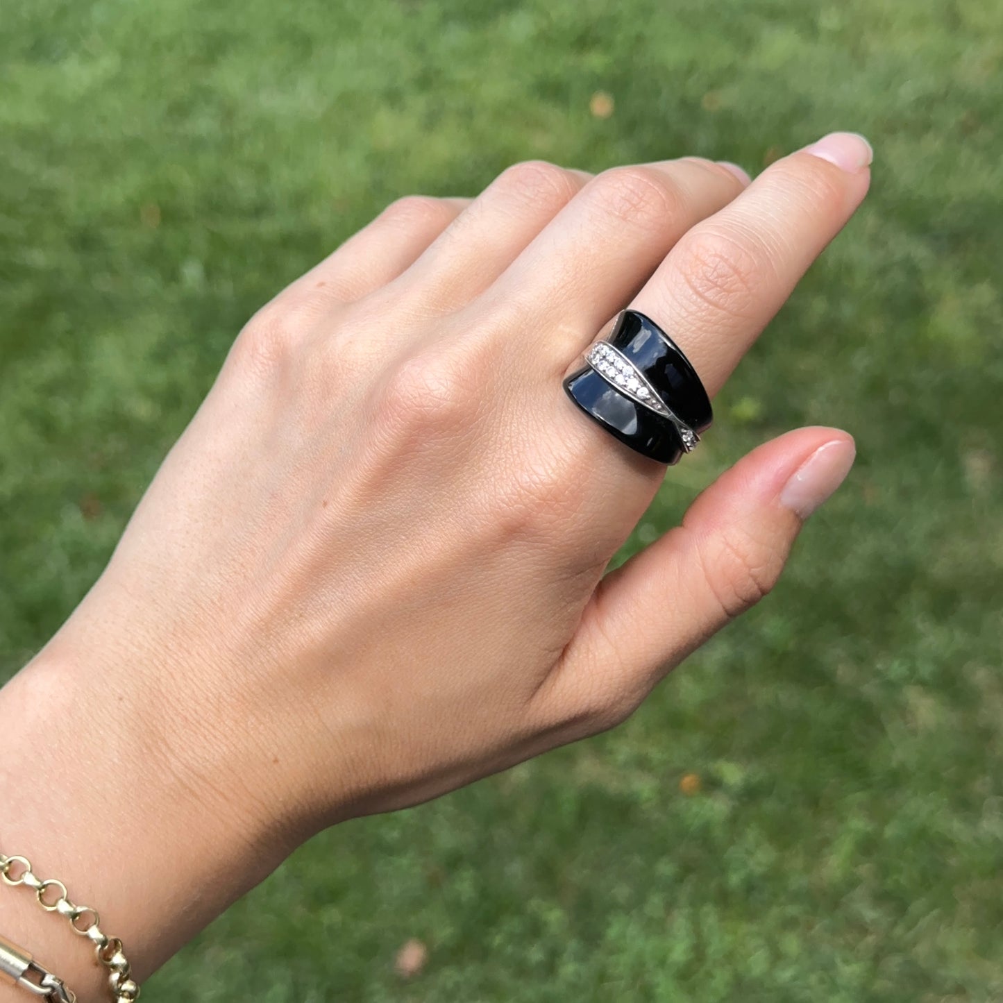 Estate Sterling Silver Unique Cut Onyx + Round Cubic Zirconia Ring