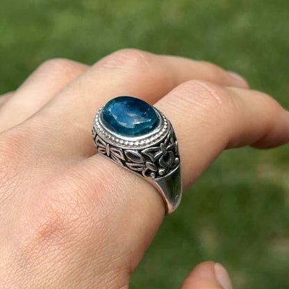 Estate Sterling Silver Oval Apatite Large Ring Size 10