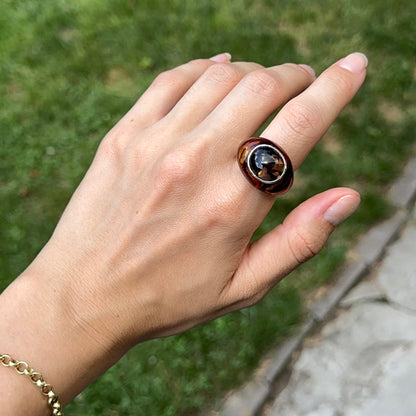 Sterling Silver Oval Cabochon Smokey Quartz + Tiger Print Enamel Ring