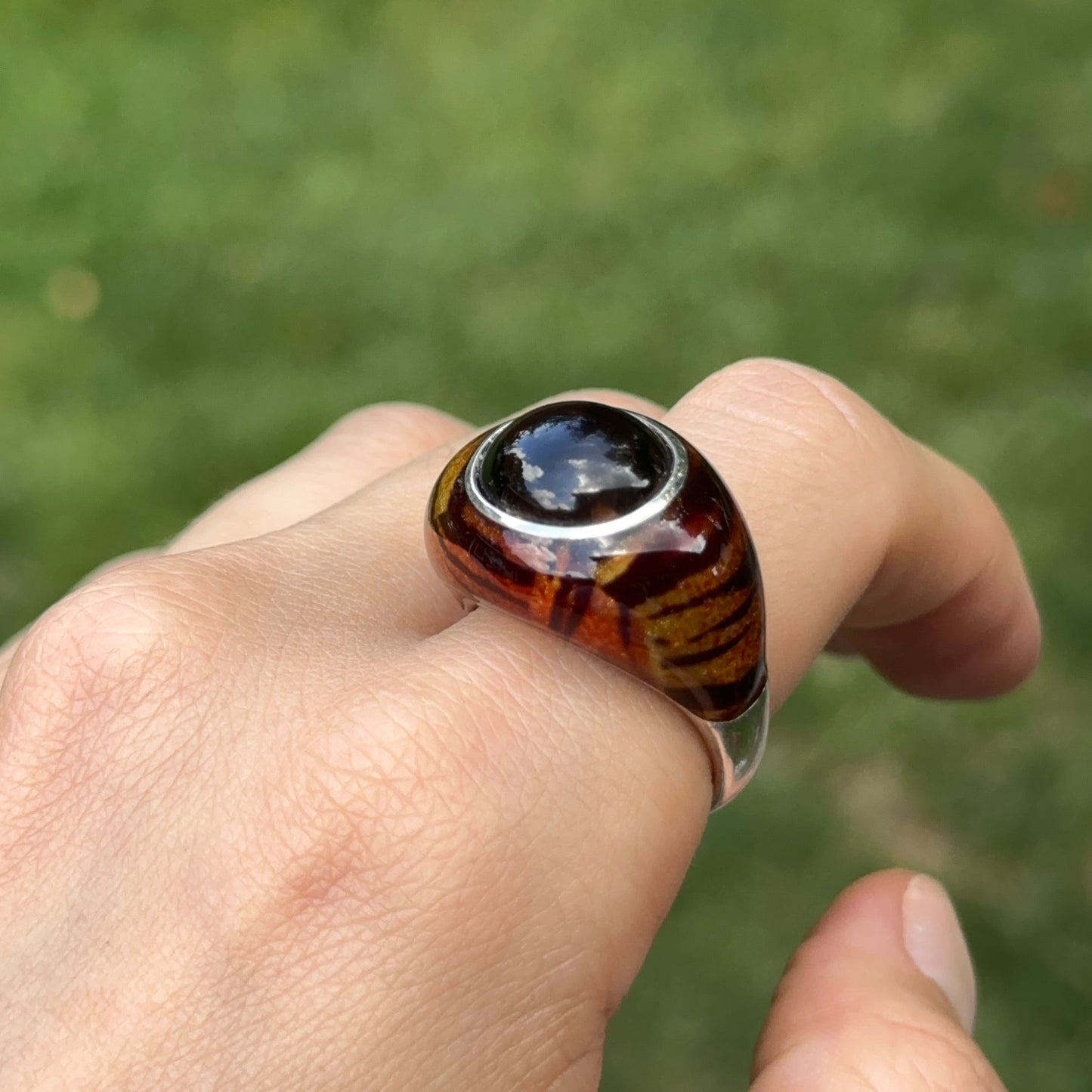 Sterling Silver Oval Cabochon Smokey Quartz + Tiger Print Enamel Ring