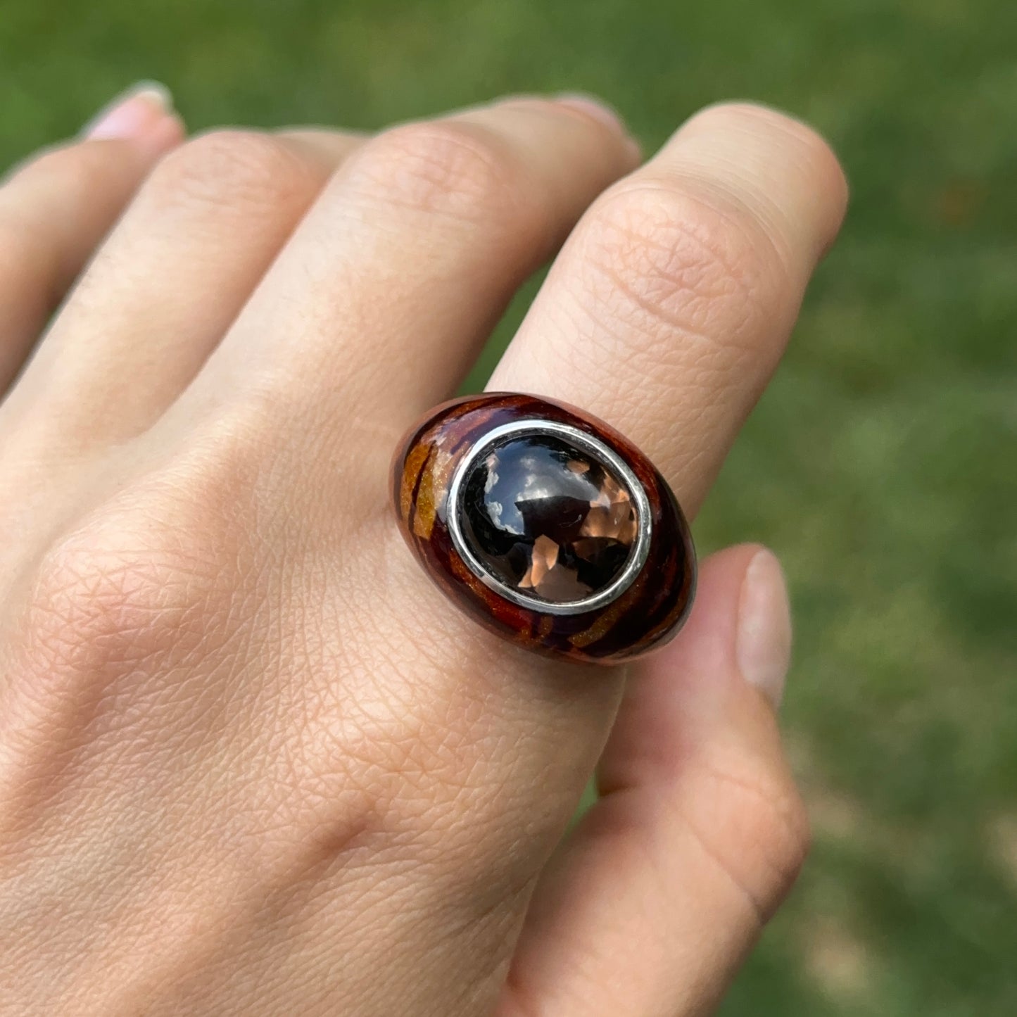 Sterling Silver Oval Cabochon Smokey Quartz + Tiger Print Enamel Ring