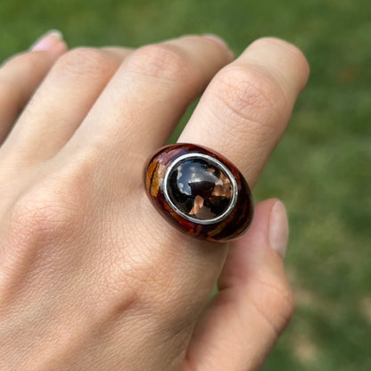 Sterling Silver Oval Cabochon Smokey Quartz + Tiger Print Enamel Ring