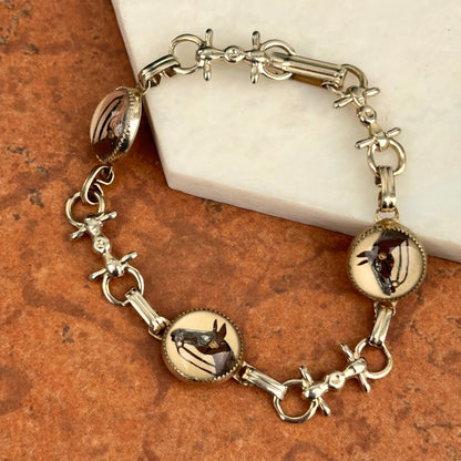Vintage Antique Estate Silver Tone Painted Reverse Glass Bubble Horse Head Stirrup Bracelet 7.5”