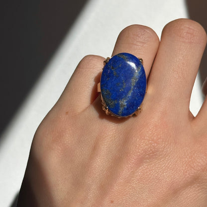 Estate 14KT Yellow Gold Large Oval Lapis Filigree Ring