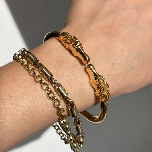 Estate Yellow Gold Tone Shiny Double Horse Head + Green Eyes Cuff Bracelet