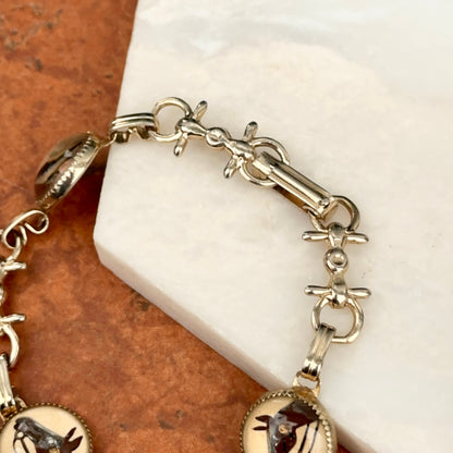 Vintage Antique Estate Silver Tone Painted Reverse Glass Bubble Horse Head Stirrup Bracelet 7.5”