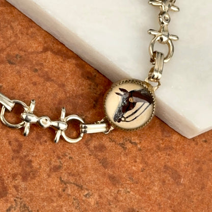 Vintage Antique Estate Silver Tone Painted Reverse Glass Bubble Horse Head Stirrup Bracelet 7.5”