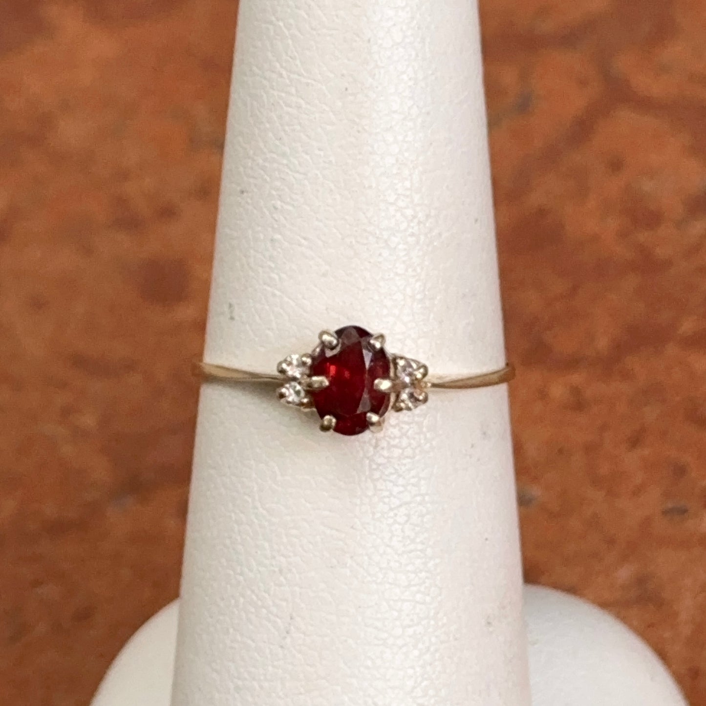 Estate 14KT Yellow Gold Oval .55 CT Garnet + Diamond Ring