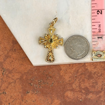 Estate 14KT Yellow Gold Cabochon Peridot Ornate Cross Pendant + Enhancer Bail