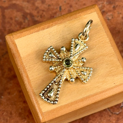 Estate 14KT Yellow Gold Cabochon Peridot Ornate Cross Pendant + Enhancer Bail