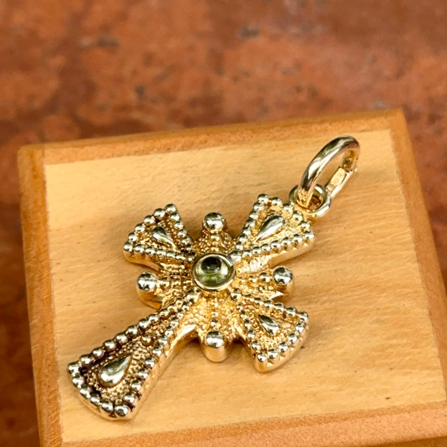 Estate 14KT Yellow Gold Cabochon Peridot Ornate Cross Pendant + Enhancer Bail