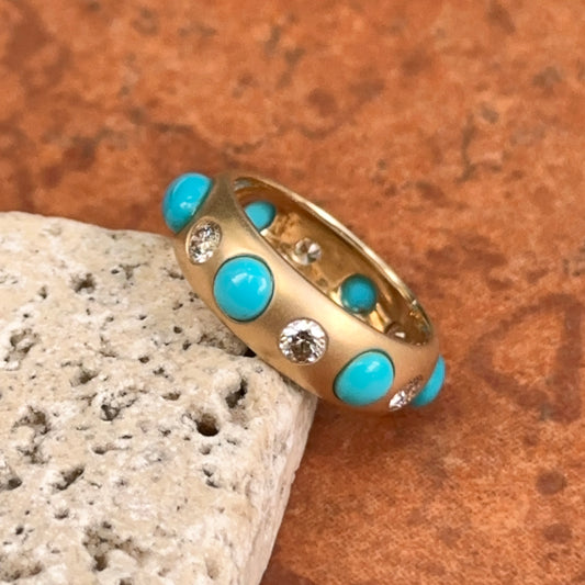 Estate 14KT Yellow Gold Turquoise + Diamond Eternity Matte Ring