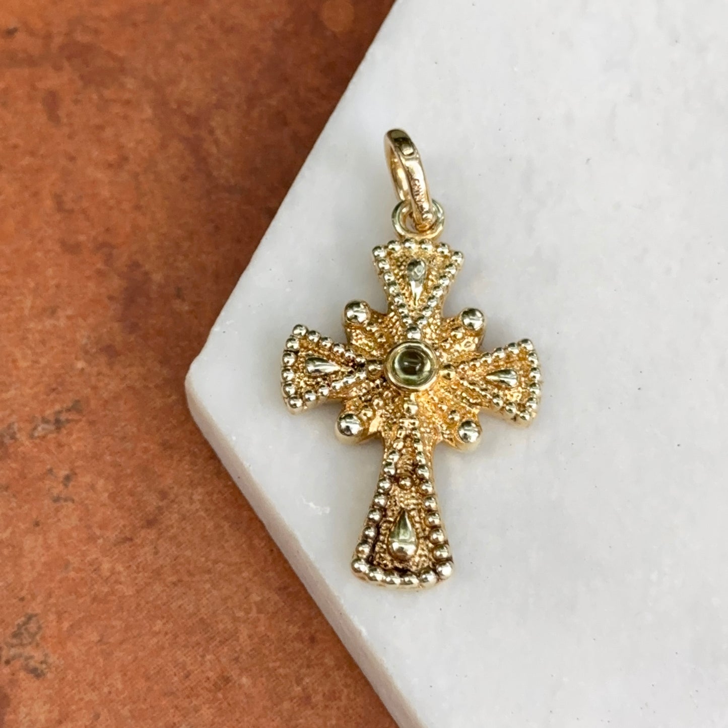 Estate 14KT Yellow Gold Cabochon Peridot Ornate Cross Pendant + Enhancer Bail
