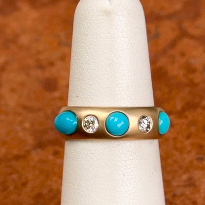 Estate 14KT Yellow Gold Turquoise + Diamond Eternity Matte Ring