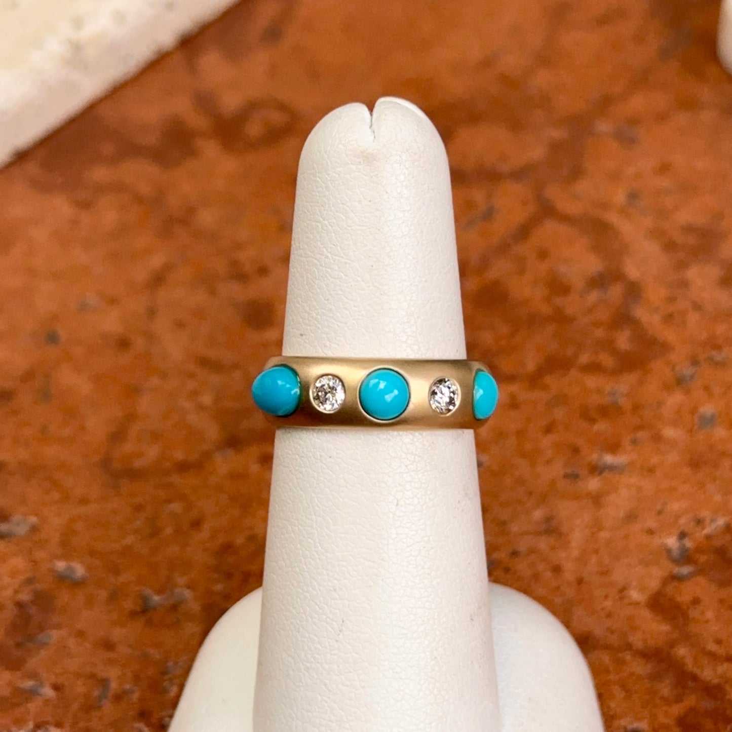 Estate 14KT Yellow Gold Turquoise + Diamond Eternity Matte Ring