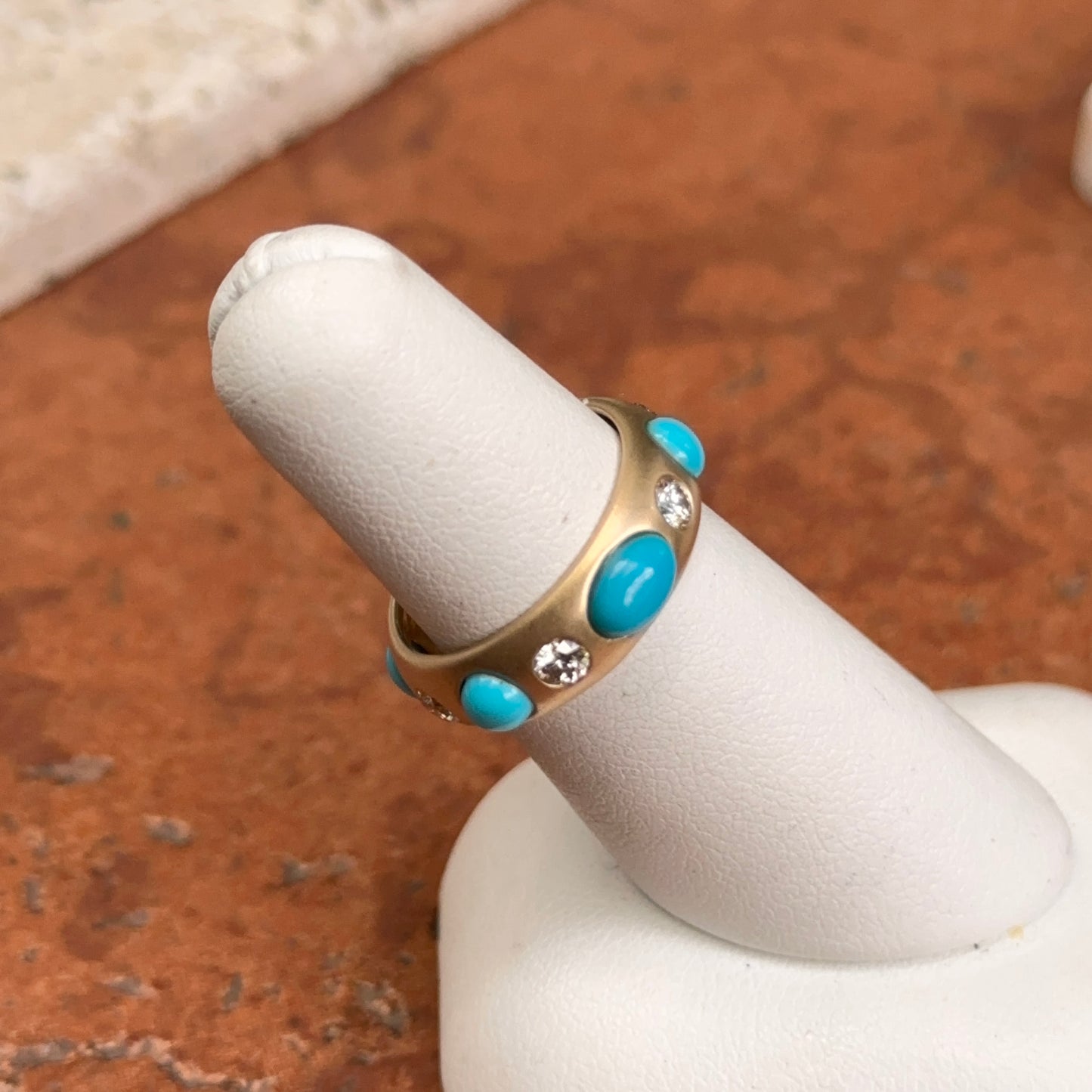 Estate 14KT Yellow Gold Turquoise + Diamond Eternity Matte Ring