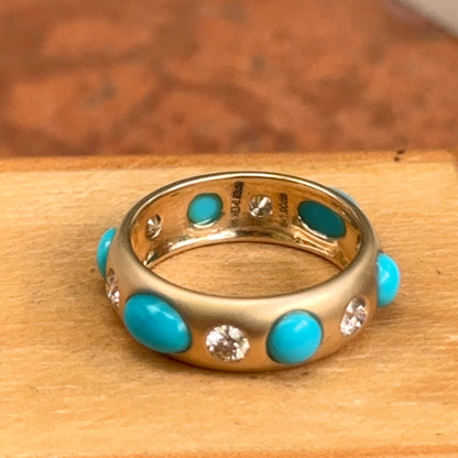 Estate 14KT Yellow Gold Turquoise + Diamond Eternity Matte Ring