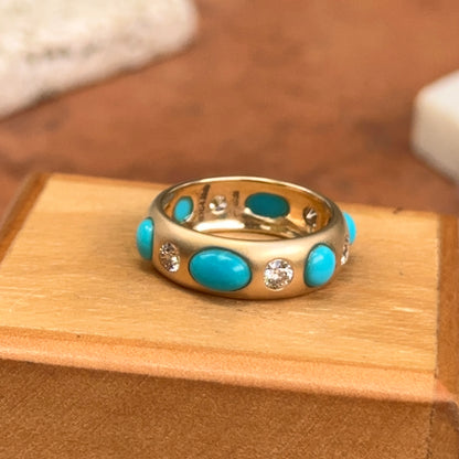 Estate 14KT Yellow Gold Turquoise + Diamond Eternity Matte Ring