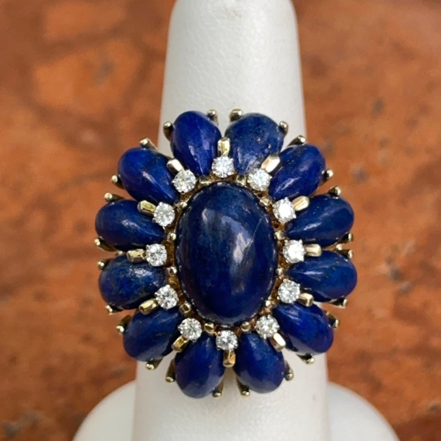 Estate 18KT Yellow Gold Oval & Pear Lapis Round Diamond Ring