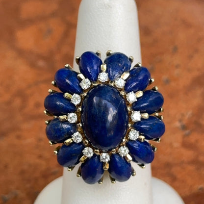 Estate 18KT Yellow Gold Oval & Pear Lapis Round Diamond Ring