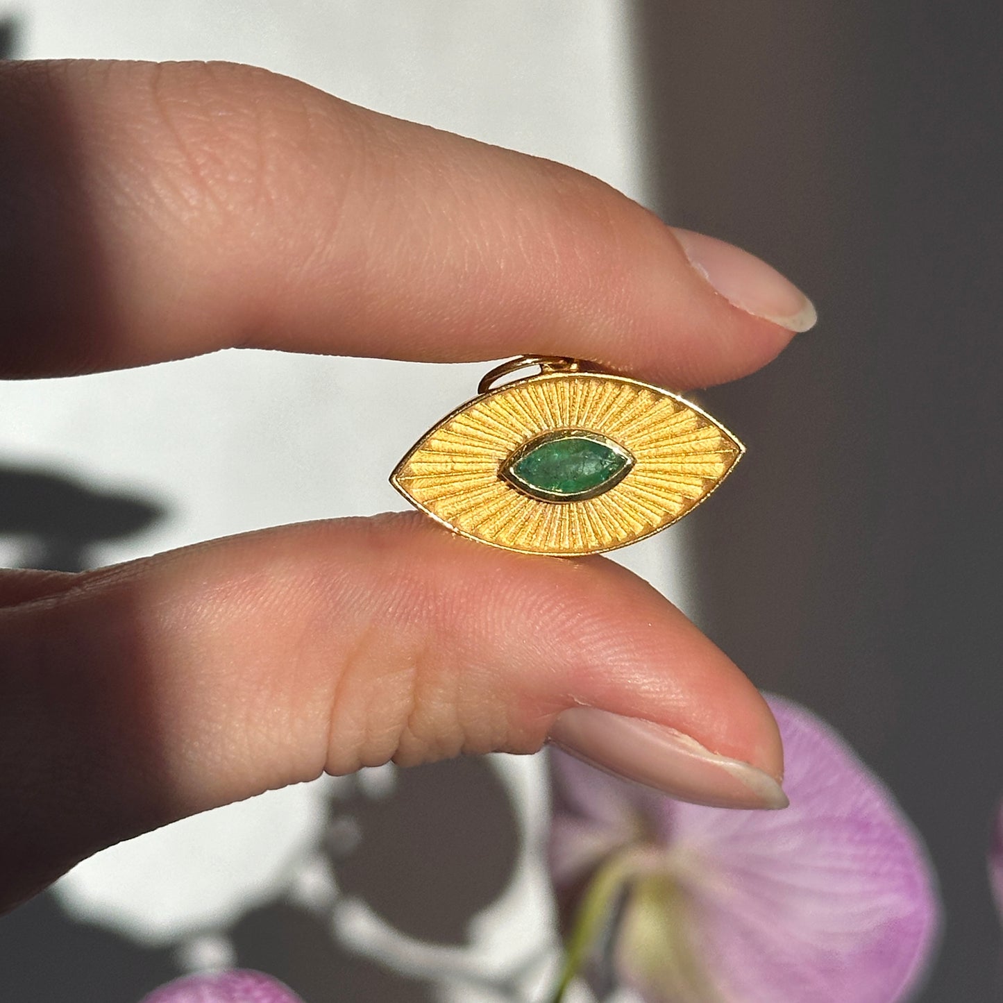 14KT Yellow Gold Matte Marquise Emerald Evil Eye Pendant