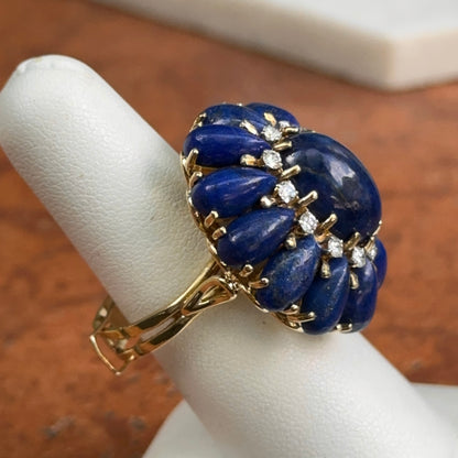 Estate 18KT Yellow Gold Oval & Pear Lapis Round Diamond Ring