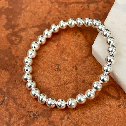 Sterling Silver Shiny  6mm Beaded Stretch Bangle Bracelet