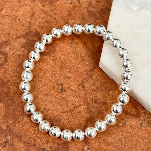 Sterling Silver Shiny  6mm Beaded Stretch Bangle Bracelet